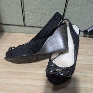Black Women's Peep Toe Wedge Heels with Silver Buckle Detail